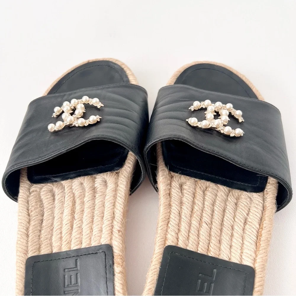 CHANEL | Pearl Embellished CC Logo Black Leather Espadrille Slide Sandals EU 37 - Picture 7 of 14